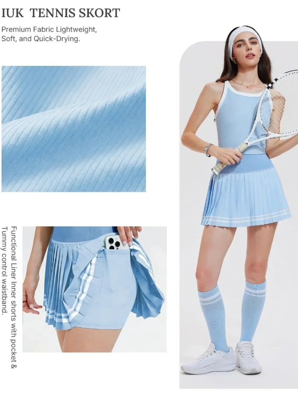 Women's Sky Blue 2 Piece Racer Back Tennis Skirt Tank Top Pull On Golf Dress